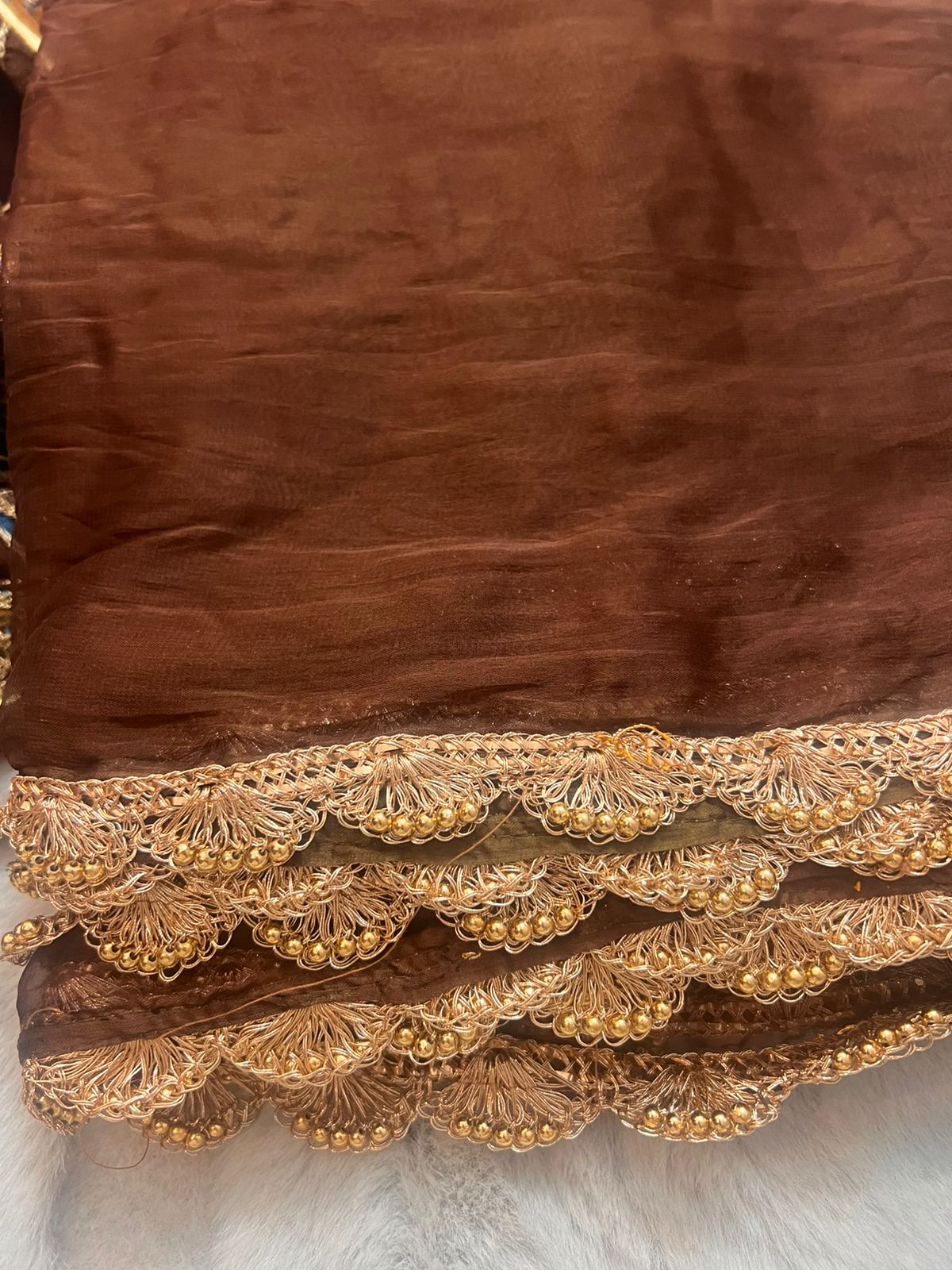 Chocolate Brown Chiffon Saree with Designer Border with Designer Kaanchli Blouse