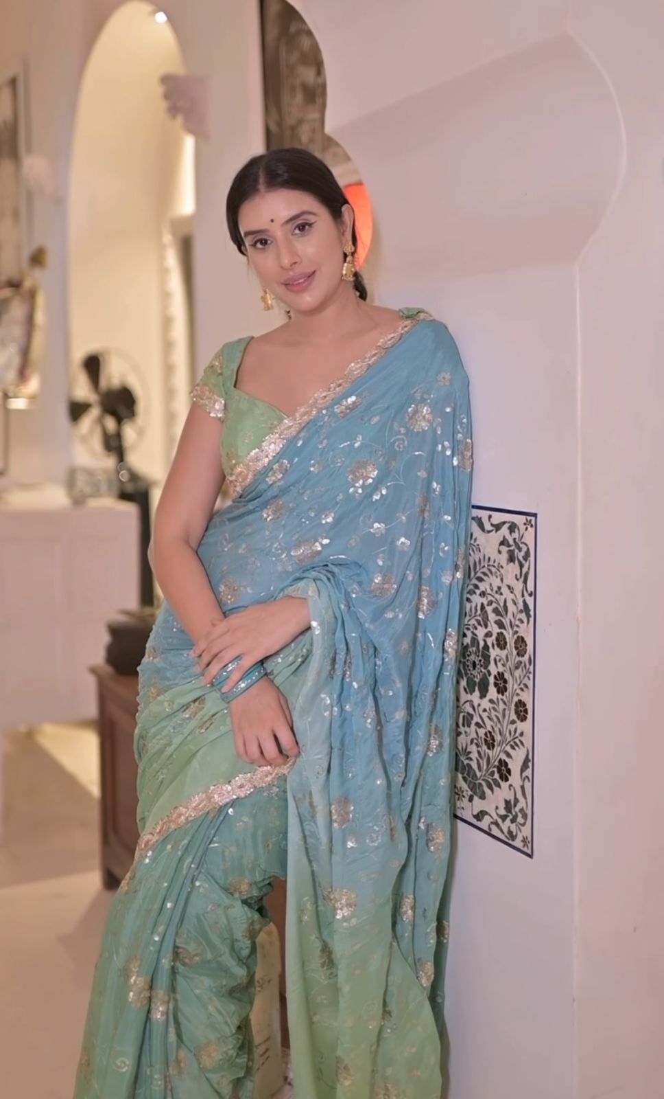 Sea Green Shaded Designer Pure Crêpe Saree with Stitched Mega Sleeves Blouse (36 Chest, Medium to Large)