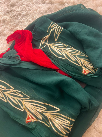 Bottle Green Gota Work Chiffon Saree with Red Blouse Piece
