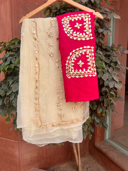 Pure Chiffon Jaal Work White Saree with Pure Crepe Angi Blouse Piece