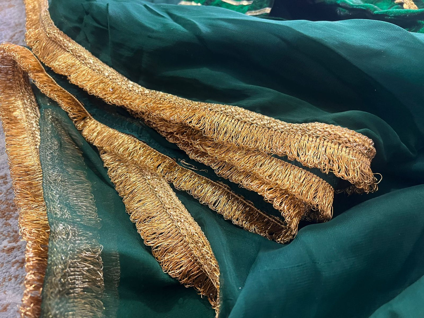 Bottle Green Pure Chiffon Saree with Lovely Border in Golden Colour and Beautiful Angi Blouse Paired with it