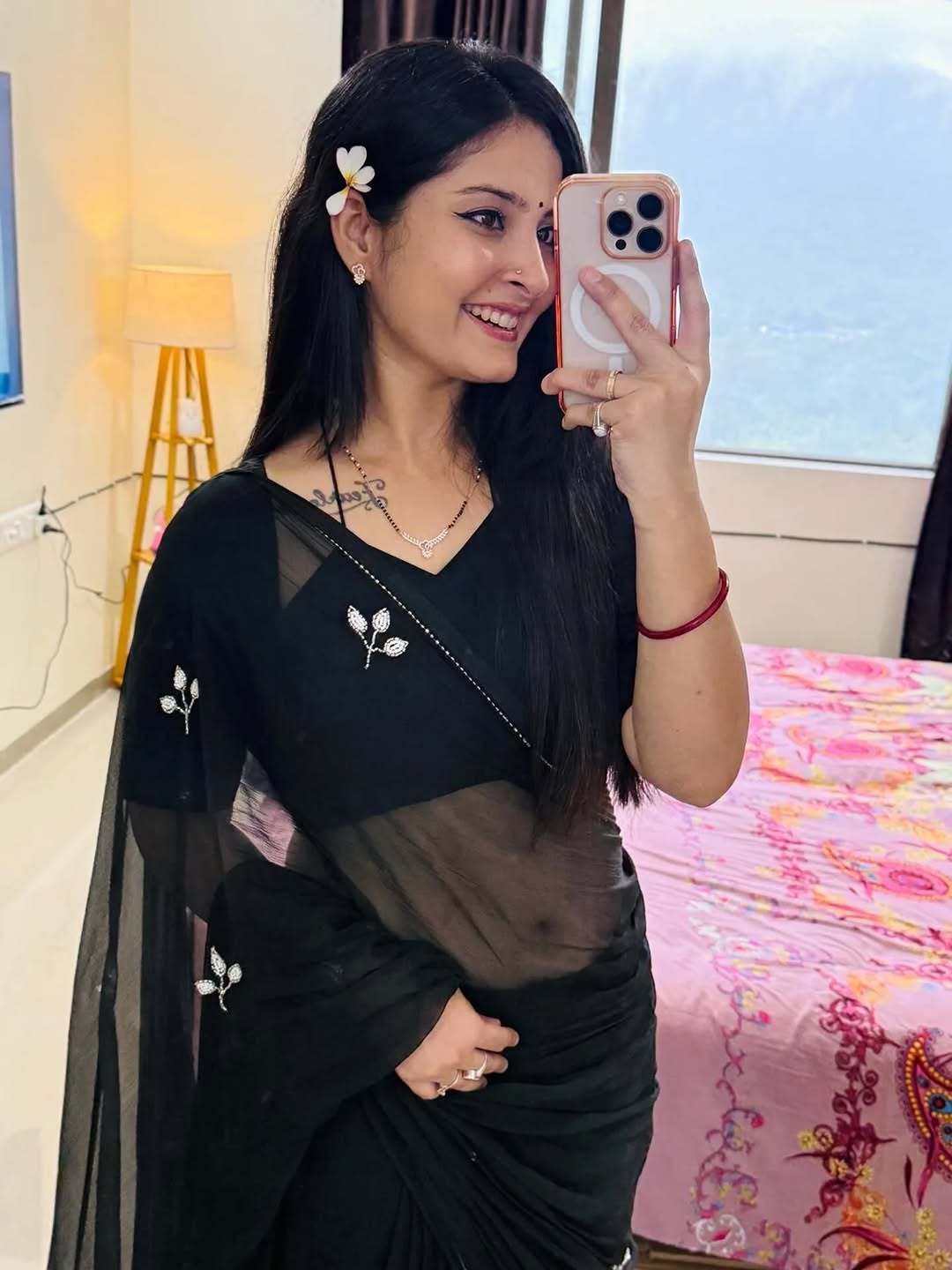 Soft Chiffon Pearl Work (Teen Patti Buti Design) Black Saree With Same Fabric Blouse Peice