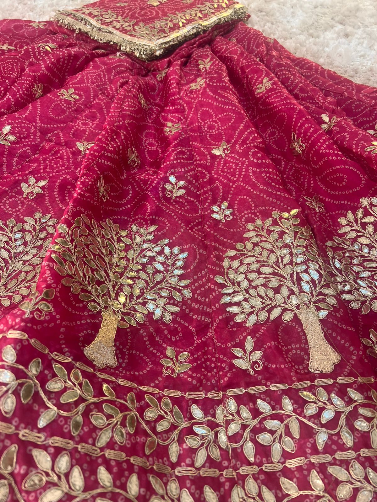Bandhini with Gota Patti Work Full Ghera Magenta Pink Poshak (Unstitched)