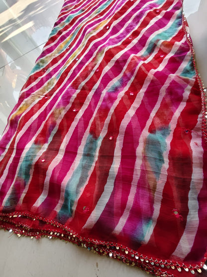 Beautiful Lahariya Mirror Work Saree with Blouse Piece