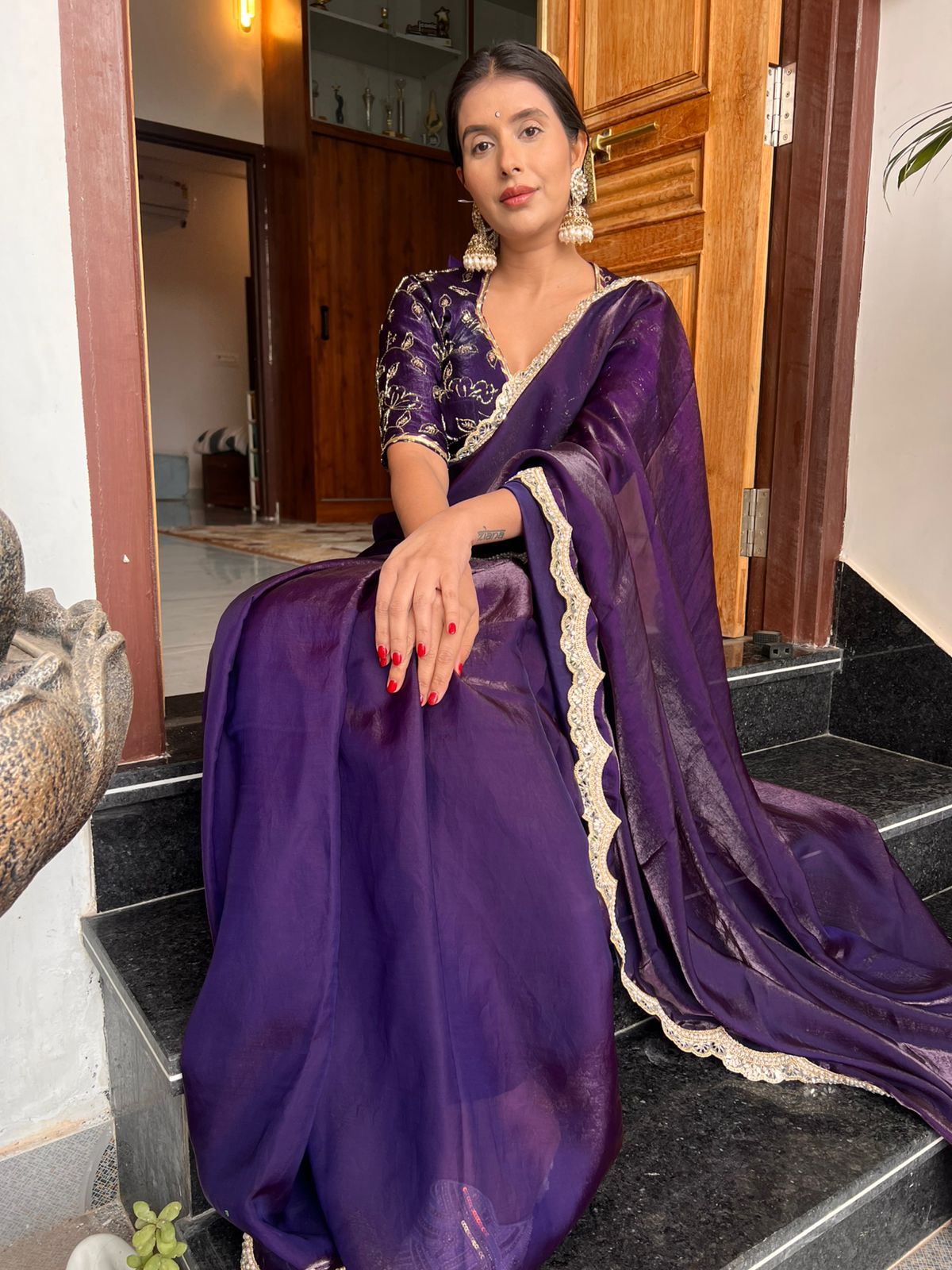 Purple Fendy Tissue Silk Designer Sari with Fendy Tissue Silk Designer Kaanchli Blouse