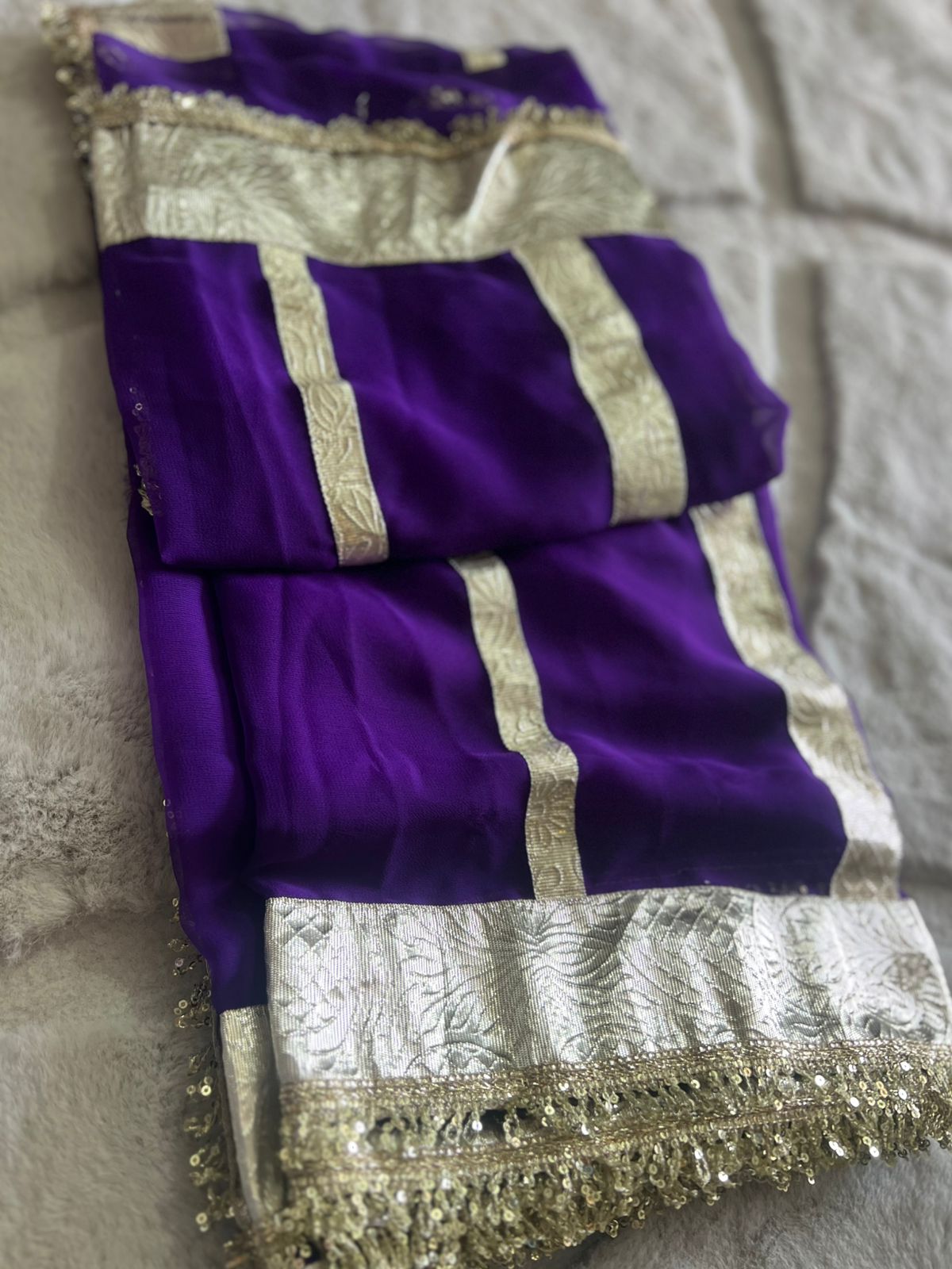 Purple Colour Celebrity Inspired Gota Chiffon Saree with Same Fabric Blouse in Running
