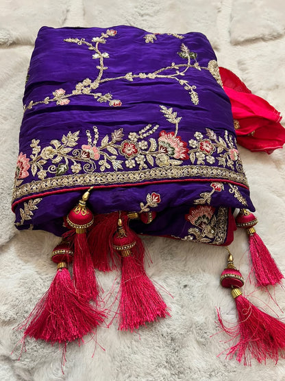 Heavy work Purple Silk Saree with Beautiful Tussles at the Pallu and Heavy Pink Contrast Blouse. You can call it Madhuri Dixit inspired “Hum Aapke hain Koun Saree “