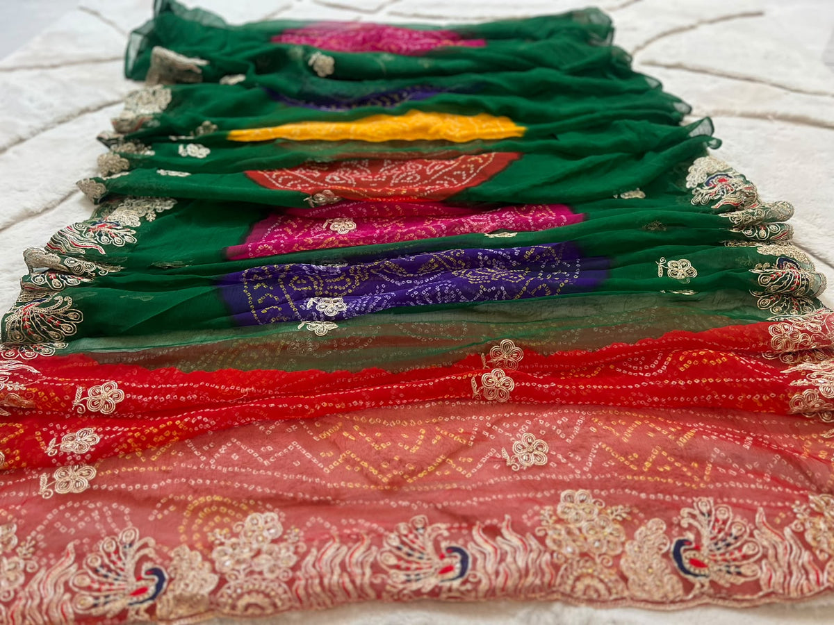 Beautiful Rajasthani Traditional Bandhini Pachrangi Saree with Blouse Piece