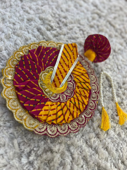 Beautiful Pink and Yellow Lahariya Designer Thakur Ji Ki Poshak