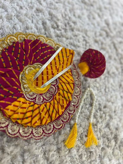 Beautiful Pink and Yellow Lahariya Designer Thakur Ji Ki Poshak