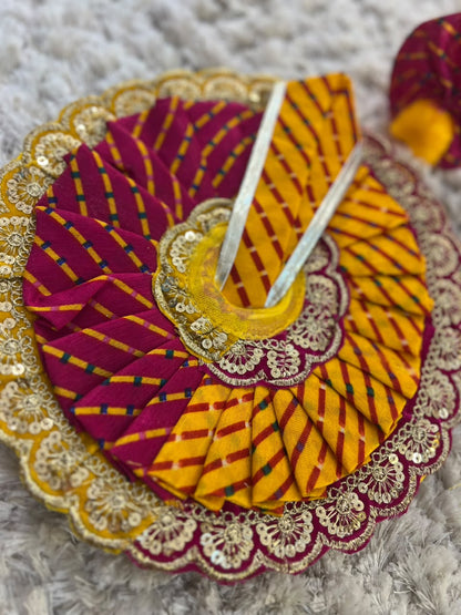 Beautiful Pink and Yellow Lahariya Designer Thakur Ji Ki Poshak