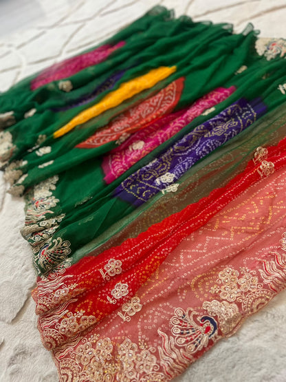 Beautiful Rajasthani Traditional Bandhini Pachrangi Saree with Blouse Piece