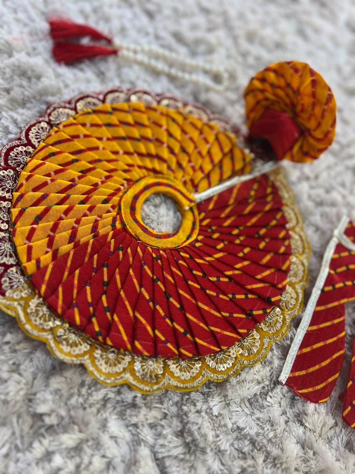 Beautiful Red and Yellow Lahariya Designer Thakur Ji Ki Poshak