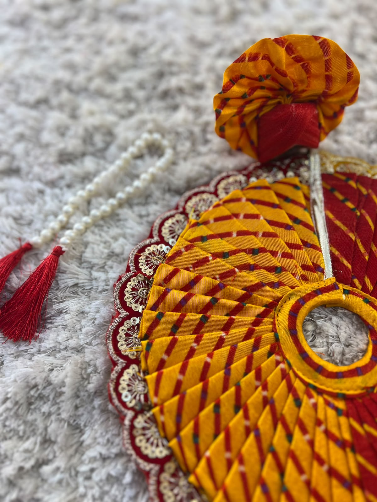 Beautiful Red and Yellow Lahariya Designer Thakur Ji Ki Poshak