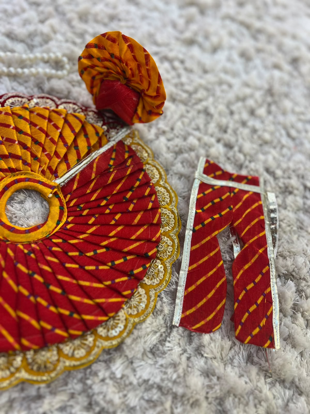 Beautiful Red and Yellow Lahariya Designer Thakur Ji Ki Poshak
