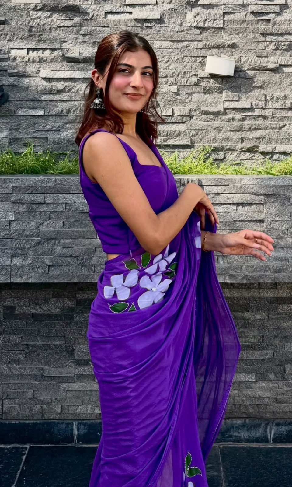Purple Flower Pearl Work Chiffon Saree with Blouse Piece