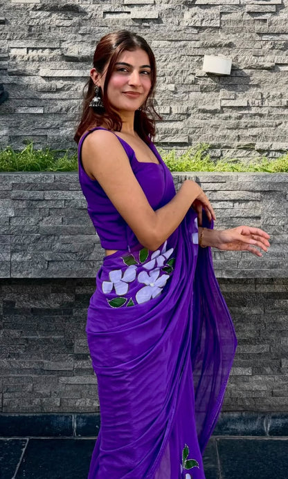 Purple Flower Pearl Work Chiffon Saree with Blouse Piece