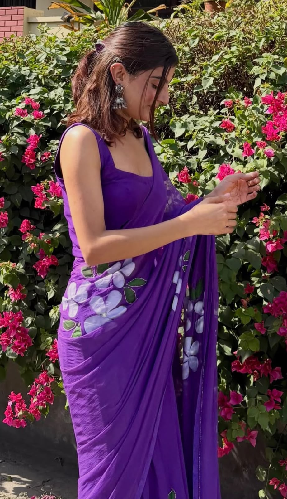Purple Flower Pearl Work Chiffon Saree with Blouse Piece