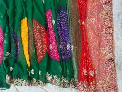 Beautiful Rajasthani Traditional Bandhini Pachrangi Saree with Blouse Piece
