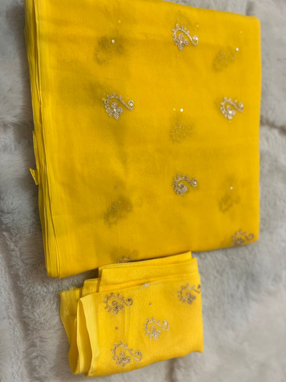 Yellow Color Pure Chiffon Peta Work Saree