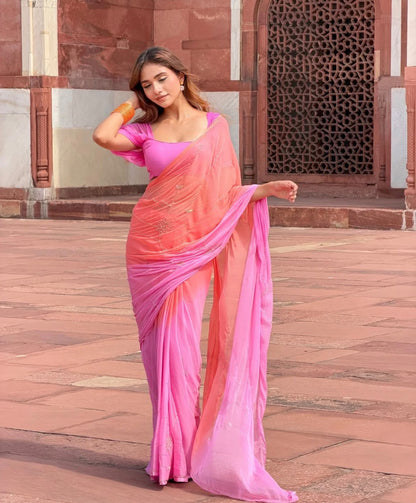 Pink Peach Shaded Zaal Work Chiffon Saree