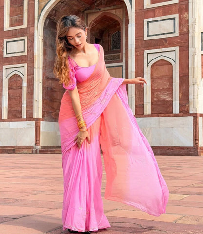 Pink Peach Shaded Zaal Work Chiffon Saree