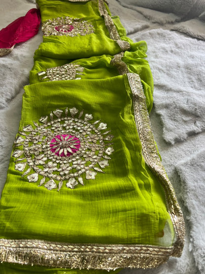 Soft Chiffon Green Color Thali Designer with Blouse Piece