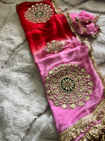 Soft Chiffon Red and Pink Shaded Thali Designer with Blouse Piece