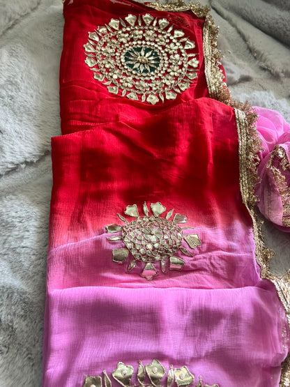 Soft Chiffon Red and Pink Shaded Thali Designer with Blouse Piece