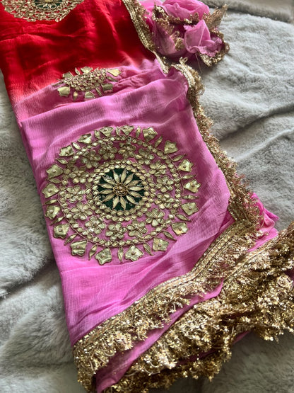 Soft Chiffon Red and Pink Shaded Thali Designer with Blouse Piece