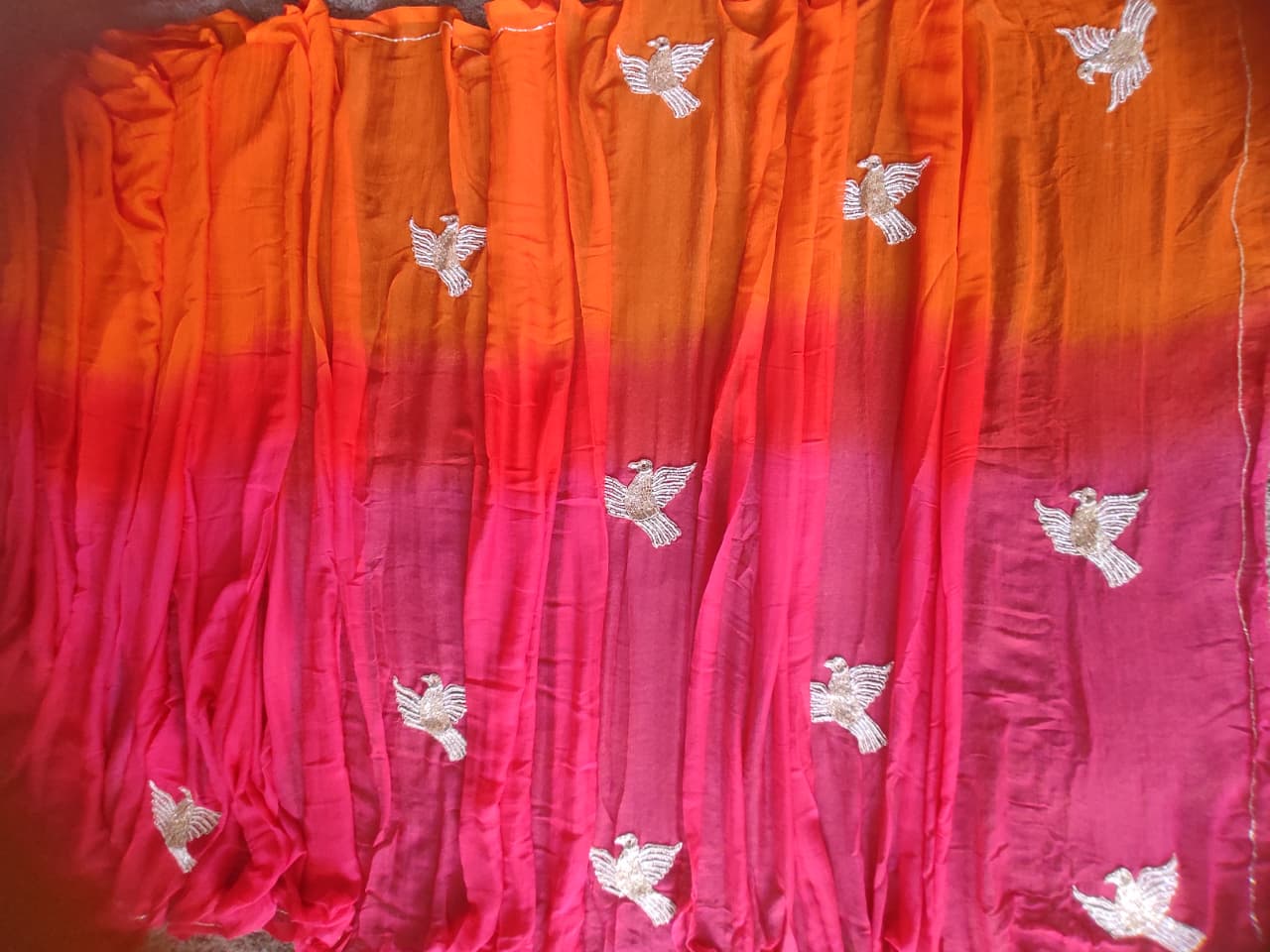 Orange Pink Shaded Bird Work Chiffon Saree with Blouse Piece