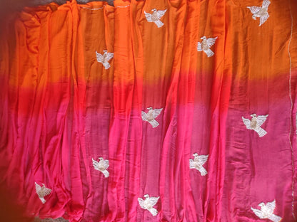 Orange Pink Shaded Bird Work Chiffon Saree with Blouse Piece