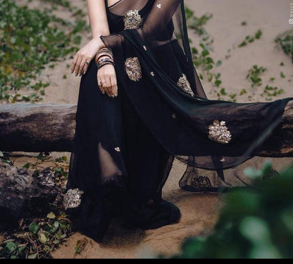 Beautiful Black Chifffon Saree, Gota Work all over the Saree with Same Fabric Blouse Piece