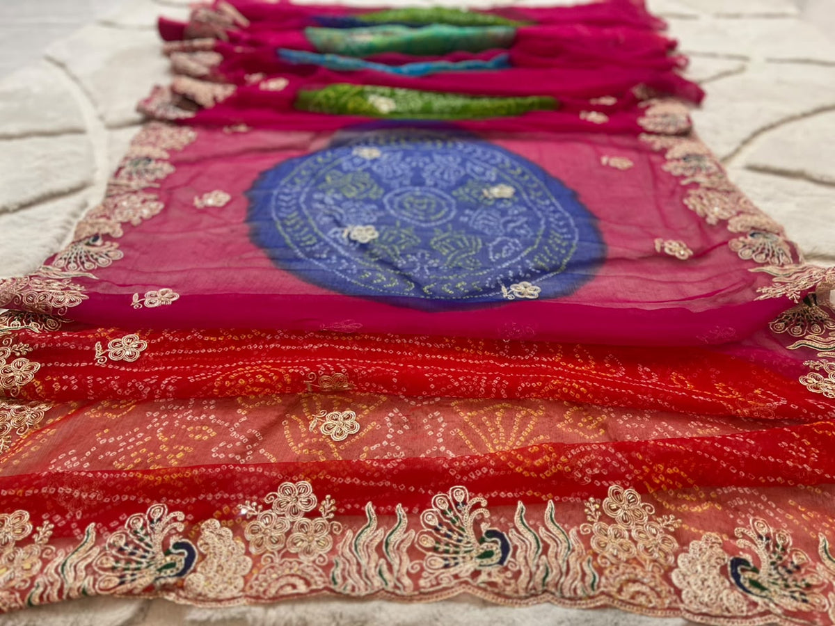 Beautiful Rajasthani Traditional Bandhini Pachrangi Saree with Blouse Piece