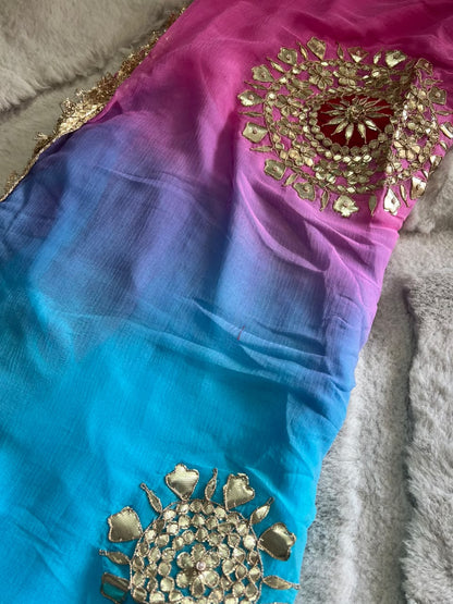 Soft Chiffon Blue and Pink Shaded Thali Designer with Blouse Piece