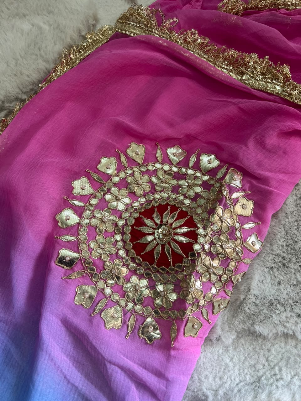 Soft Chiffon Blue and Pink Shaded Thali Designer with Blouse Piece