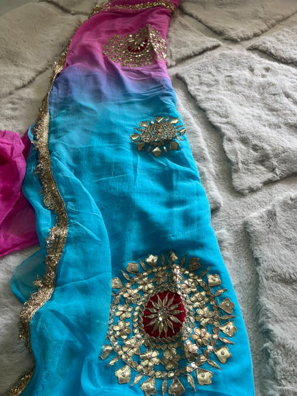Soft Chiffon Blue and Pink Shaded Thali Designer with Blouse Piece