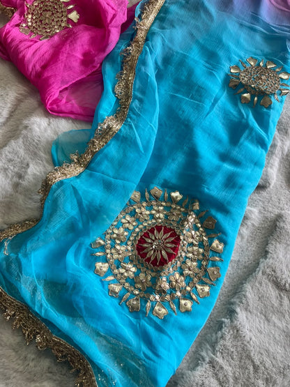 Soft Chiffon Blue and Pink Shaded Thali Designer with Blouse Piece