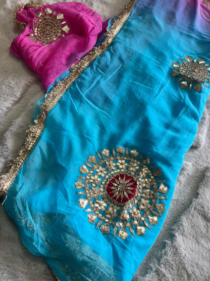 Soft Chiffon Blue and Pink Shaded Thali Designer with Blouse Piece