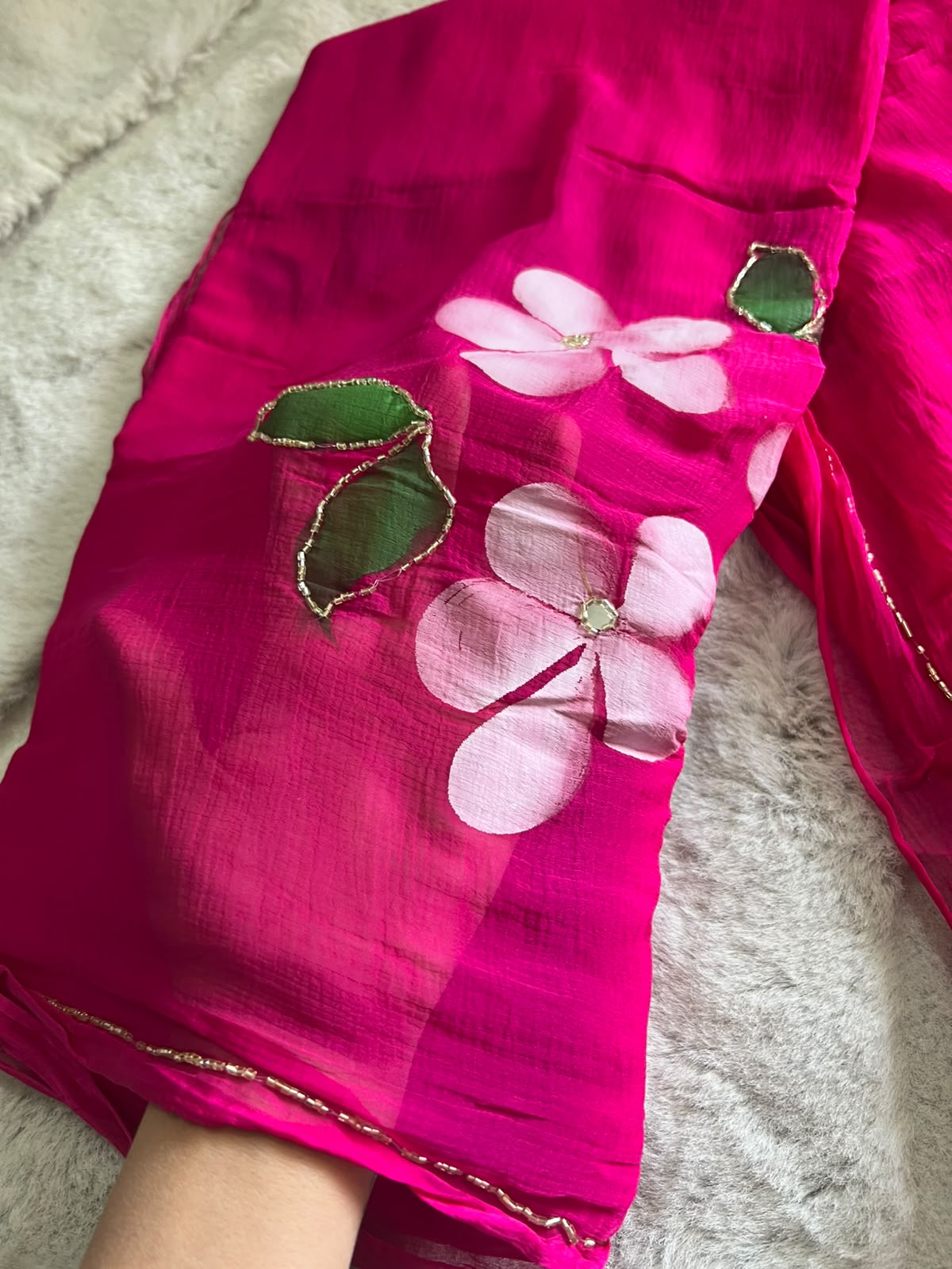 Hot Pink Flower Pearl Work Chiffon Saree with Blouse Piece