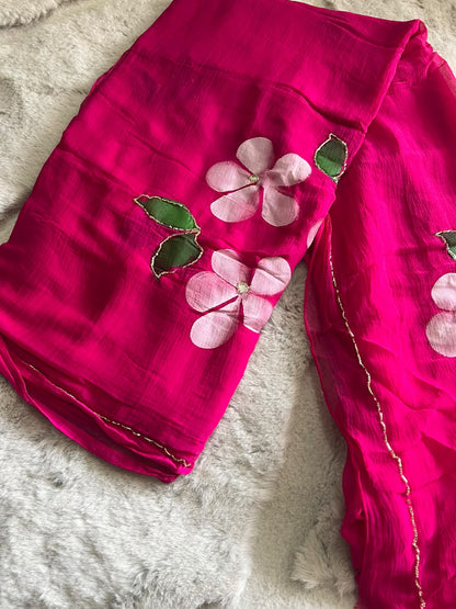 Hot Pink Flower Pearl Work Chiffon Saree with Blouse Piece