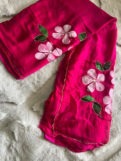 Hot Pink Flower Pearl Work Chiffon Saree with Blouse Piece
