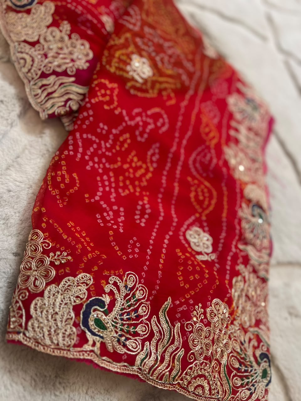 Beautiful Rajasthani Traditional Bandhini Pachrangi Saree with Blouse Piece