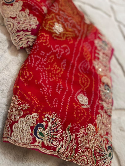 Beautiful Rajasthani Traditional Bandhini Pachrangi Saree with Blouse Piece