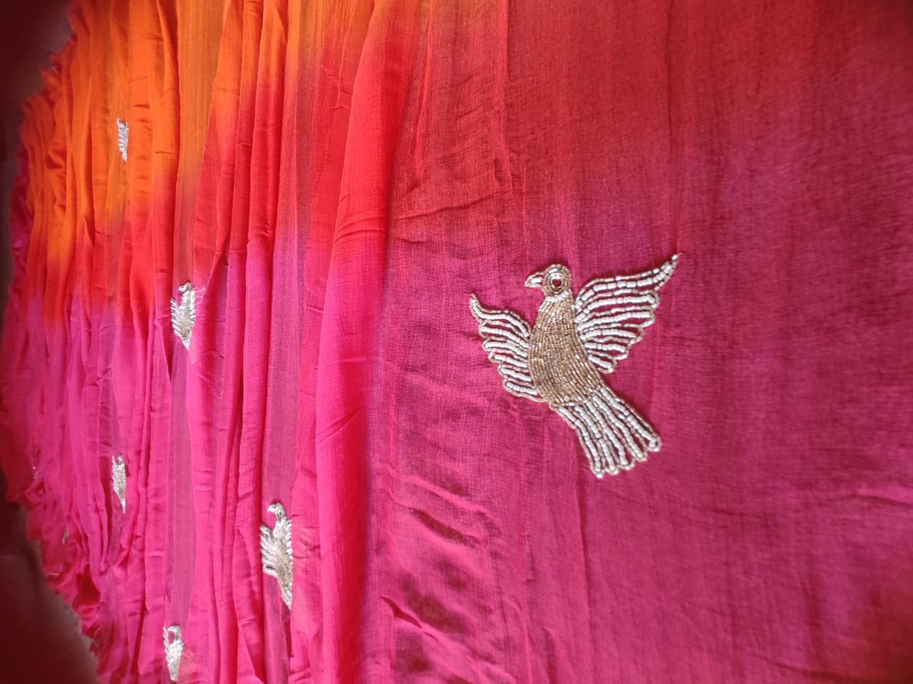 Orange Pink Shaded Bird Work Chiffon Saree with Blouse Piece