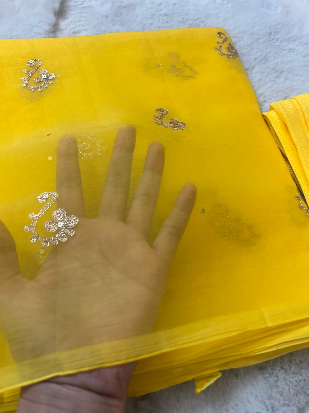 Yellow Color Pure Chiffon Peta Work Saree