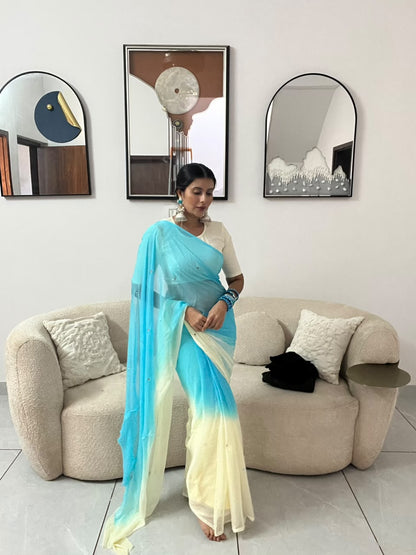 Beautiful Shaded Chiffon Boota Work Saree with Blouse Piece