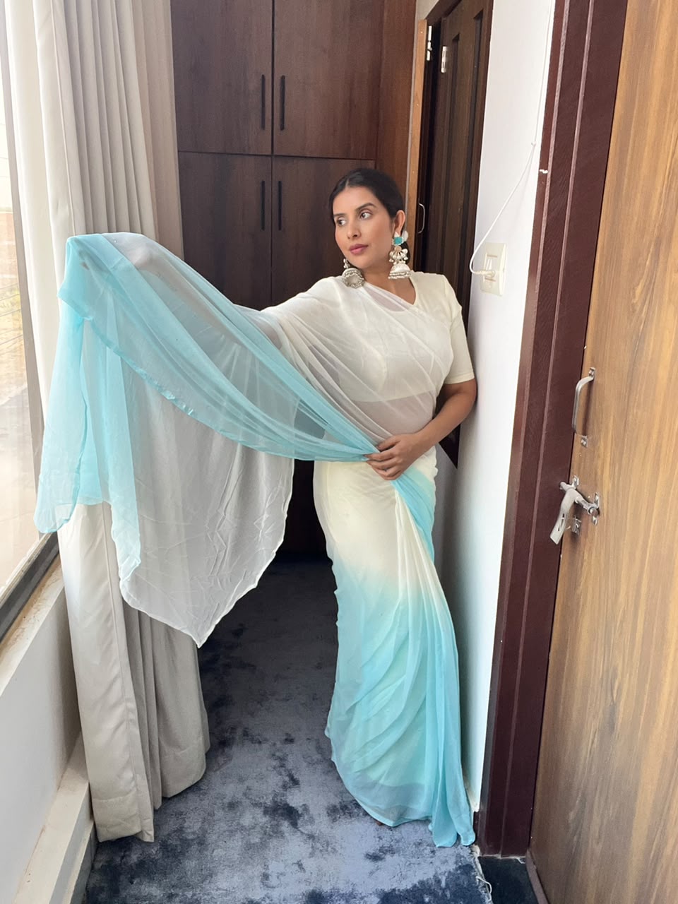Beautiful Chiffon Shaded Mukesh Work Saree with Blouse Piece