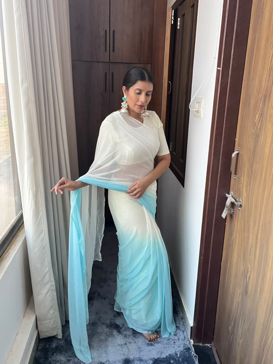 Beautiful Chiffon Shaded Mukesh Work Saree with Blouse Piece