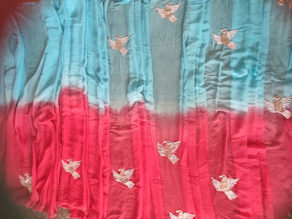 Sky Blue and Red Shaded Bird Work Chiffon Saree with Blouse Piece